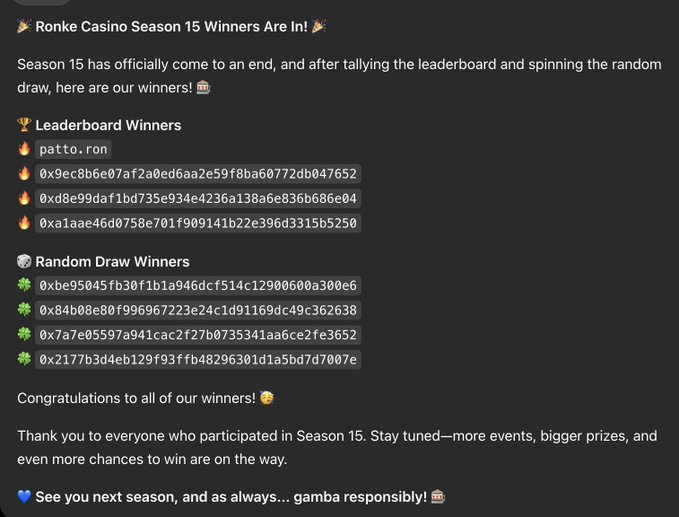 Discord announcement listing 'Ronke Casino Season 15 Winners' with leaderboard and random draw winner wallet addresses.
