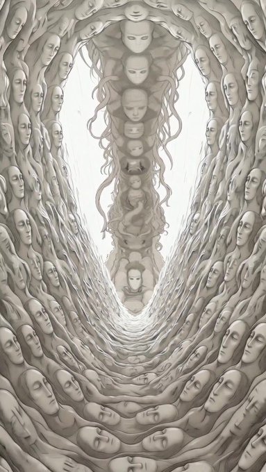 A surreal, monochromatic artwork forming a large hole or vortex made entirely of interwoven, pale humanoid faces and hands, creating a tunnel-like effect.