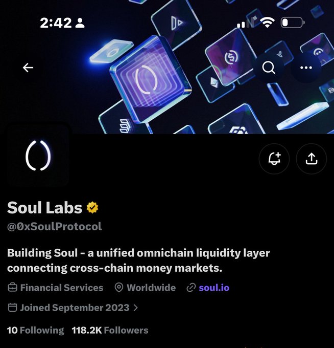 Screenshot of the Soul Labs (@0xSoulProtocol) Twitter/X profile page showing 118.2K followers and their bio describing them as "Building Soul - a unified omnichain liquidity layer connecting cross-chain money markets," with the user humorously pleading in the caption for the project to finally conduct their TGE (token generation event).