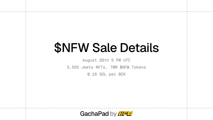 The image displays "$NFW Sale Details" announcing a gacha-style public sale on August 26th at 5 PM UTC, offering 5,555 Jeets NFTs with 70M $NFW tokens at 0.16 SOL per BOX via GachaPad. This visually supports the post's announcement of a new gacha public sale mechanic launching at 5 PM UTC.