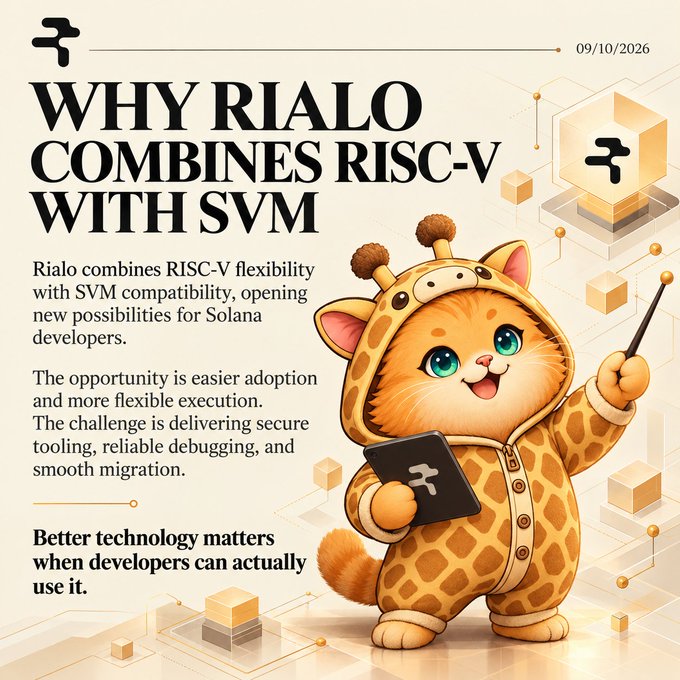A promotional article titled "WHY RIALO COMBINES RISC-V WITH SVM" dated 09/10/2026, featuring an illustration of a cat in a giraffe costume holding a tablet and pointer.