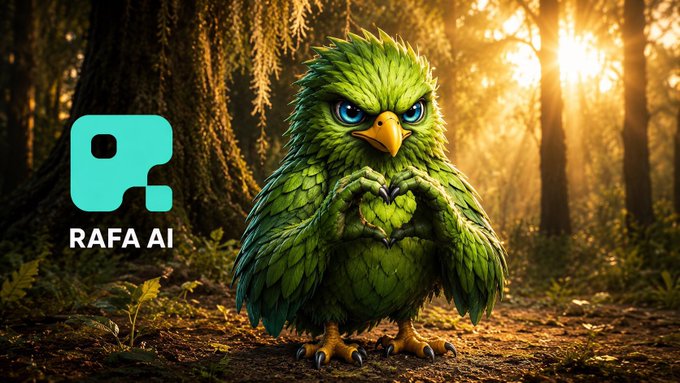 The image features an illustration of a green bird with a big head and small body, sitting on a forest floor surrounded by trees. The bird has its arms crossed over its chest, giving off an aggressive or defensive vibe. In front of the bird is a logo that reads "RAFA AI" in white text against a blue background. Below this logo, there's a caption that says "Traditional hedge funds operate as black boxes. @RAFA_AI Protocol introduces a Glass Box economy where AI-managed investment strategies are transparent, on-chain, and accessible to everyone."