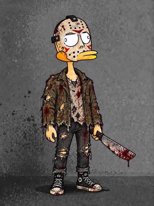 An illustration of a cartoon duck character dressed as Jason Voorhees from Friday the 13th, wearing a hockey mask and holding a bloody cleaver against a gray concrete background.