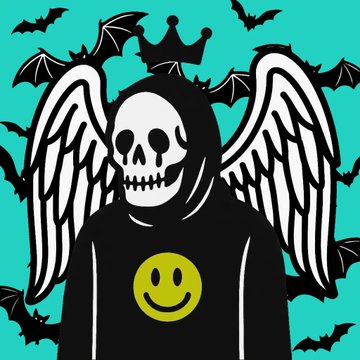 A digital illustration features a skeletal figure wearing a black hoodie with a yellow smiley face, a black crown, and white angel wings, set against a teal background filled with black bats.