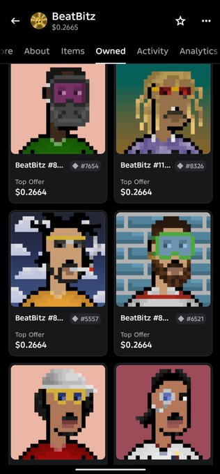 A screenshot of an OpenSea collection page displaying the "BeatBitz" NFT project, showing pixel art character portraits with prices listed at "$0.2664" and various edition numbers like "#7654" and "#8326" under the "Owned" tab. The image corresponds to the post showcasing pixel art NFTs from the BeatBitz collection.