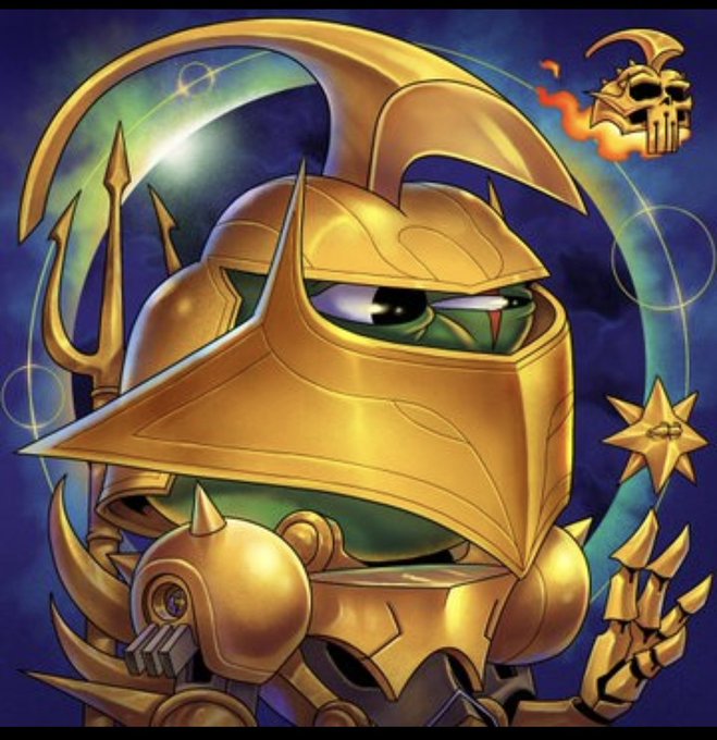 The image features a cartoon character wearing a golden helmet with a skull design on top of it. The character has a green face, giving them an evil or mysterious appearance. They are holding a star above their head, which appears to be glowing brightly against the dark blue background. The caption reads "Gm besties Pepe explorers reveal day is today, and everyone is hoping to pull a rare. May the strongest luck win."