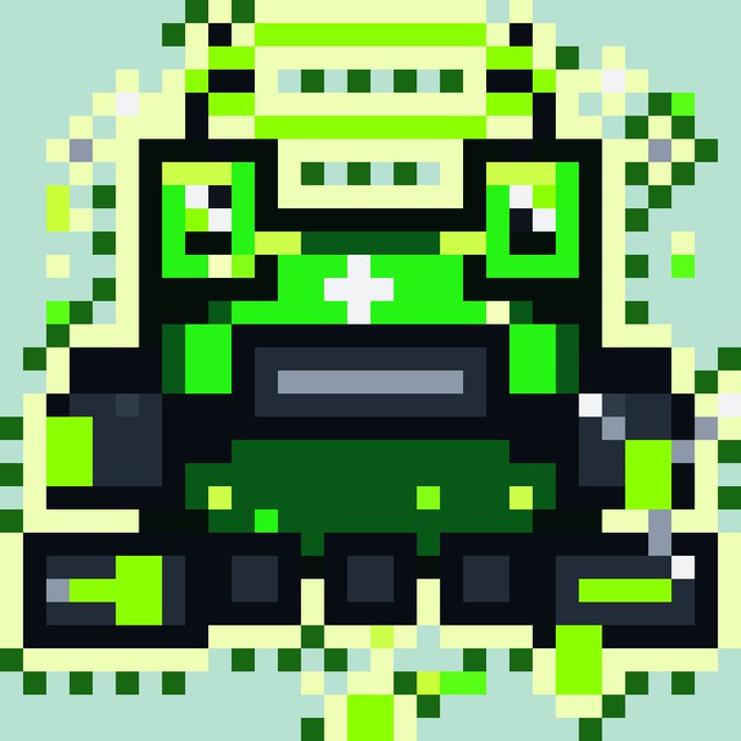 A green pixel art design displays a stylized helmet or robotic head with glowing white eyes, a central plus symbol, and circuit-like patterns against a light blue background.