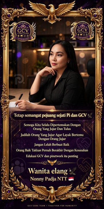 An ornate poster featuring "Wanita elang / Nonny Padja NTT" framed by a golden eagle design, with "GCV" logos and Indonesian text including "GCV CORE TEAM - TOGETHER FOR HUMANITY."