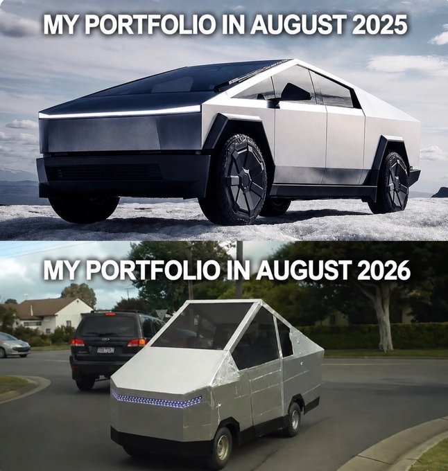 A meme comparing 'MY PORTFOLIO IN AUGUST 2025' featuring a sleek silver Tesla Cybertruck, with 'MY PORTFOLIO IN AUGUST 2026' showing a beat-up cardboard replica in a parking lot.