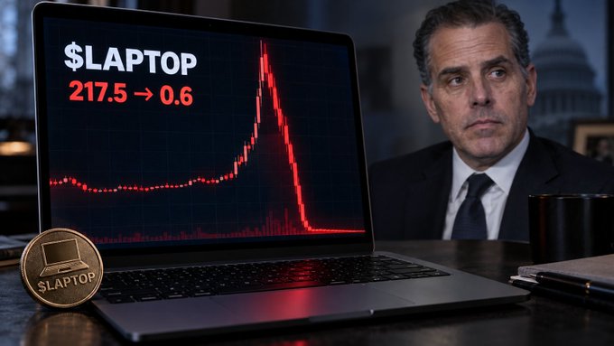 A scene featuring Hunter Biden at a desk behind a laptop displaying a crashing red stock chart labeled '$LAPTOP 217.5 → 0.6' alongside a '$LAPTOP' coin.
