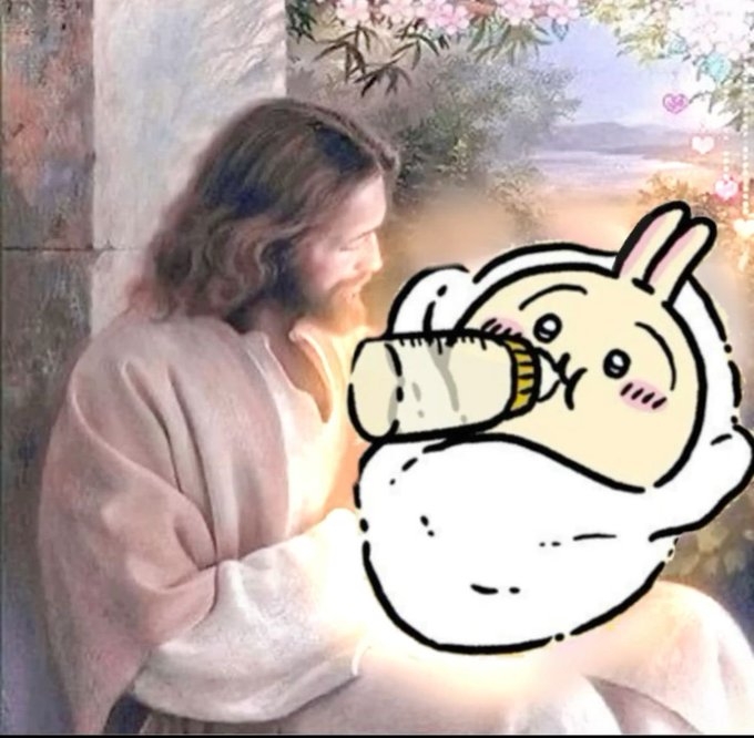 A religious-style painting of Jesus holding a cute cartoon rabbit character (Chiikawa) in his arms, set against a soft floral background with heart decorations.
