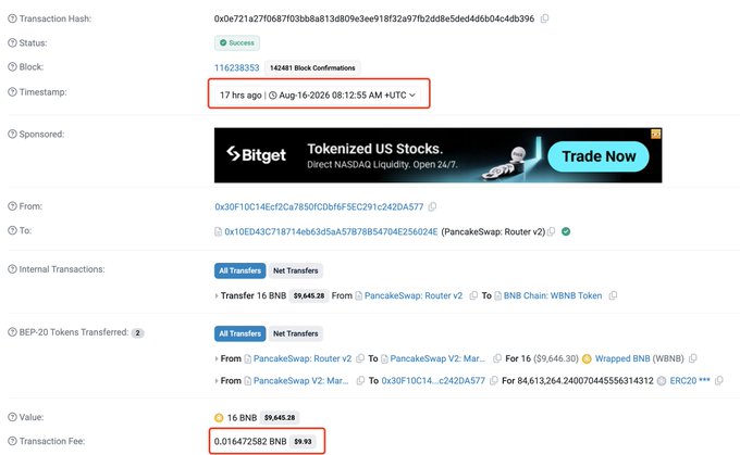 A blockchain transaction details page showing a successful transaction hash 0x0e721e27f0687f03bb8a813d809e3ee918f2a97fb2dd8e5de4d6b04c4db396, timestamped '17 hrs ago | Aug-16-2026 08:12:55 AM UTC', involving a transfer of 16 BNB (~$9,648.28) with a transaction fee of 0.016472582 BNB ($9.93).