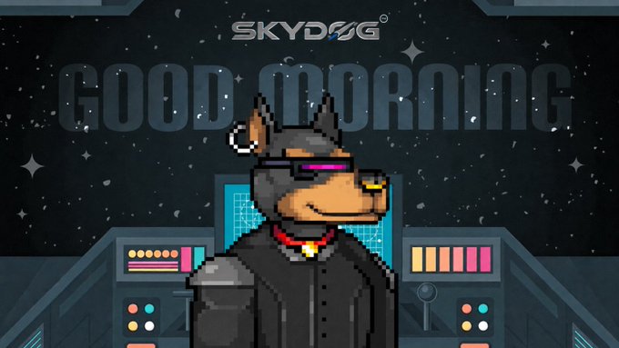 A pixel-art image features a Doberman character wearing sunglasses and a suit, sitting at a spaceship control panel with the text 'SKYDOG' and 'GOOD MORNING' visible in the starry background.
