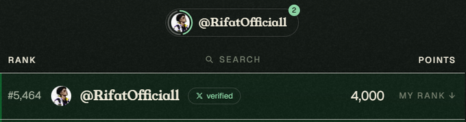 The image shows a leaderboard ranking screen displaying the user "@RifatOfficil1" (verified) with a rank of #5,464 and 4,000 points. The accompanying text references the user being vouched for, suggesting this screenshot was used to validate their credibility or standing within the mentioned trading community.