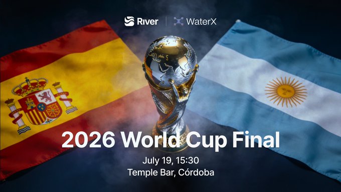 Promotional graphic for a '2026 World Cup Final' watch party on July 19 at 15:30 in Temple Bar, Córdoba, featuring Spain and Argentina flags alongside the FIFA World Cup trophy and logos for River and WaterX.
