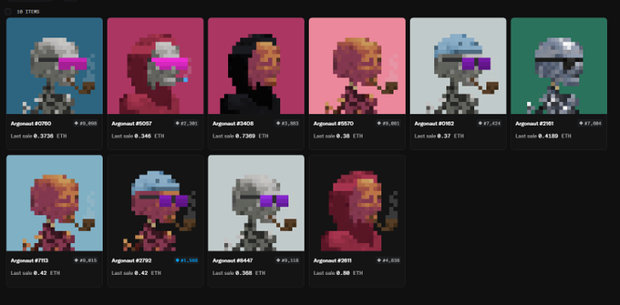 NFT marketplace grid displaying pixel art CryptoPunks with various prices in ETH, including Argonaut #0790 at 0.3736 ETH and Argonaut #0082 at 0.37 ETH.