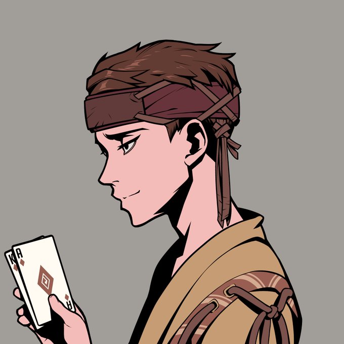 A side-profile anime-style illustration shows a young man with brown hair wearing a brown headband and traditional-style attire, holding up an Azuki NFT card displaying "8" and "Q" with a diamond symbol. The artwork matches the post's celebration of joining the Azuki community, showcasing the distinctive Japanese-inspired art style that the collection is known for.