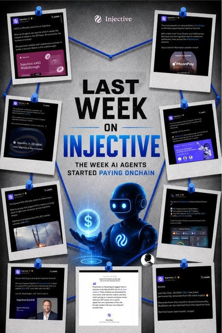 The image features a poster with various posts related to the last week of Injective's existence. The poster includes a list of posts that were posted during this time period, along with some text about the payment protocol used by the AI agents. The posts cover topics such as the launch date and the different payment methods supported by the AI agents.