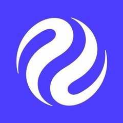A logo featuring a white, swirling circular emblem with comma-like shapes centered on a bright blue background.