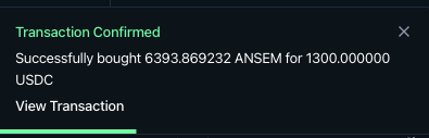 A transaction confirmation notification showing a purchase of 6393.869232 ANSEM tokens for 1300 USDC, supporting the post's message about repurchasing a larger bag after selling too early.