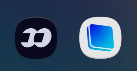 Two app icons are displayed on a dark blue background: a black icon with a white stylized 'D' or coin symbol on the left, and a white icon featuring blue stacked layers on the right.