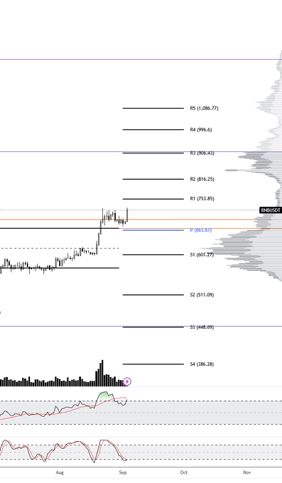 A financial chart showing SNH/USDT price action with pivot points labeled (R1-R5, S1-S4) and indicators across the timeframe from August to November.