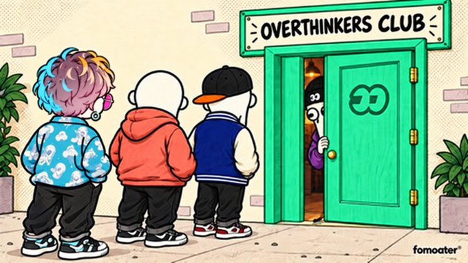 An illustration of three characters standing outside a green door labeled 'OVERTHINKERS CLUB' with a fourth character peeking out, signed 'fomoater' in the corner.