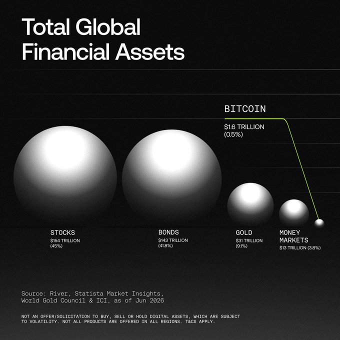 An infographic titled "Total Global Financial Assets" displays spheres sized in proportion to asset classes: Stocks ($154T, 45%), Bonds ($143T, 41.8%), Gold ($31T, 9.1%), Money Markets ($13T, 3.8%), and a barely visible Bitcoin dot ($1.6T, 0.5%) highlighted by a green line, sourced from River, Statista, and others. The visual underscores the post's point about Bitcoin's tiny but notable footprint on the global financial stage compared to centuries-old asset classes.