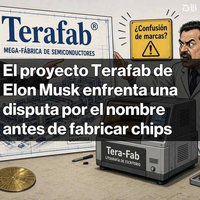 An illustrated news graphic with Spanish text reading 'El proyecto Terafab de Elon Musk enfrenta una disputa por el nombre antes de fabricar chips' (Elon Musk's Terafab project faces a name dispute before manufacturing chips), featuring a 'Terafab' blueprint and a confused man.