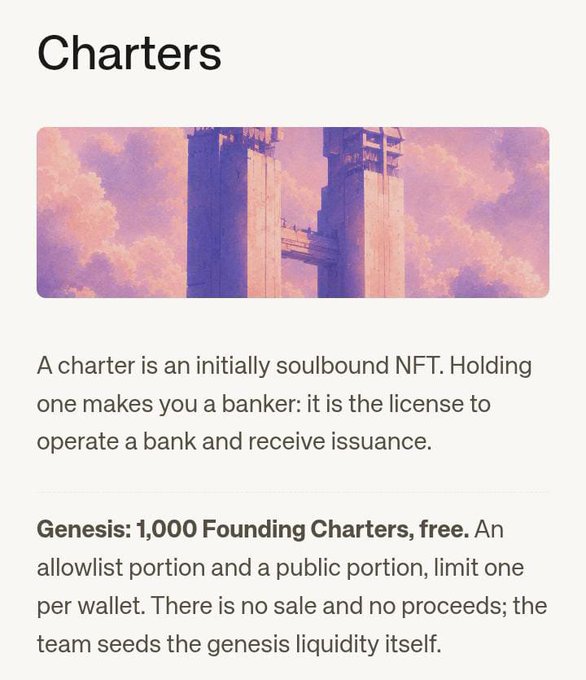 A webpage section titled 'Charters' describing an NFT system, stating: 'A charter is an initially soulbound NFT. Holding one makes you a banker: it is the license to operate a bank and receive issuance.' with mention of 'Genesis: 1,000 Founding Charters, free.'