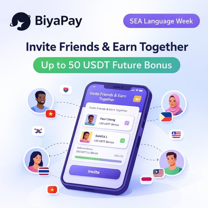 A BiyaPay promotional graphic for 'SEA Language Week' advertising a referral program called 'Invite Friends & Earn Together' with 'Up to 50 USDT Future Bonus'.