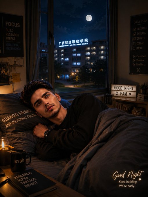 A young man rests in bed at night in a dark dorm room, with a lit candle and a "BYBIT" mug on a nightstand, a "DAILY PLAN" whiteboard on the wall, and a pillow reading "GUANGXI FINANCE AND VOCATIONAL COLLEGE"; a building outside the window displays "广西财经职业学院 GUANGXI FINANCE AND VOCATIONAL COLLEGE," and a "Good Night, Keep building. We're early." caption appears in the corner.