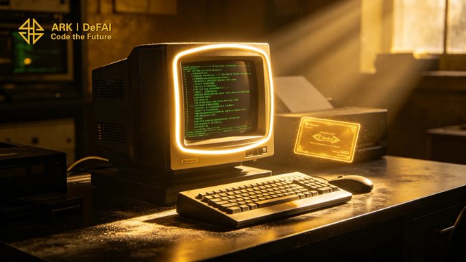 The image features an old computer monitor with a keyboard sitting on top of a desk. The monitor displays a green screen filled with text that says "ARK I DEFI". There are also two other monitors present, one located behind the main monitor and another placed at the edge of the scene.