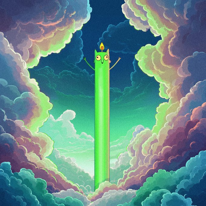 A whimsical digital illustration of a tall green candle with a cat face and a flame on top, set against a dreamy sky filled with fluffy pink and green clouds.