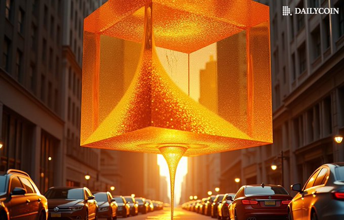 A glowing orange cube with a liquid dripping from its bottom corner hovers over a city street filled with cars, with the 'DAILYCOIN' logo in the top right corner.