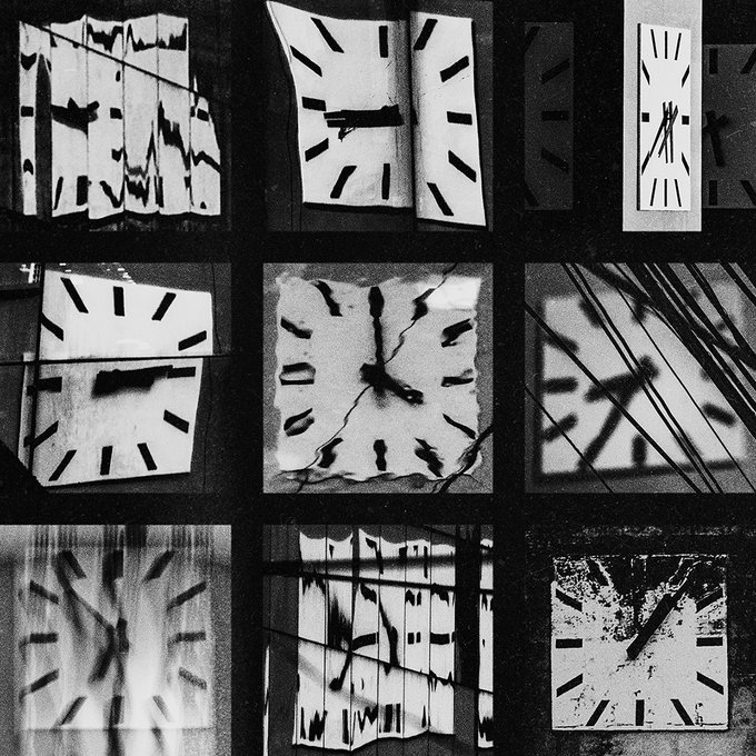A 3x3 grid collage of black and white photographs showing distorted, abstract, and fragmented images of analog clocks with scattered time markers.