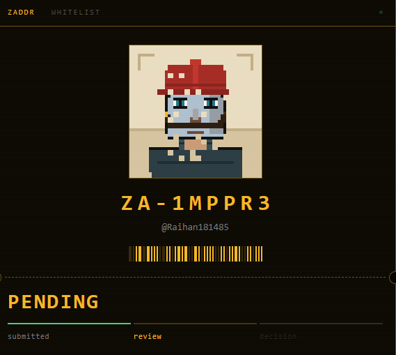 A digital interface showing a pending whitelist request on 'ZADDR' for a pixel art avatar of a person with red hair, labeled 'ZA - 1MPPPR3' by '@Raihan181485', currently in the 'review' stage.