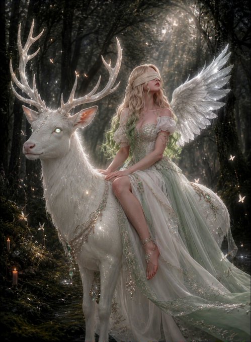 A blindfolded winged woman in a flowing green and white gown sits gracefully atop a majestic white stag adorned with glowing antlers, surrounded by a magical forest filled with luminous butterflies and candles.

The image's ethereal, otherworldly theme of "Beyond Sight" beautifully complements the post's tired sentiment of wanting to sleep and the dreamy, transcendent aesthetic often associated with Tezos (XTZ).