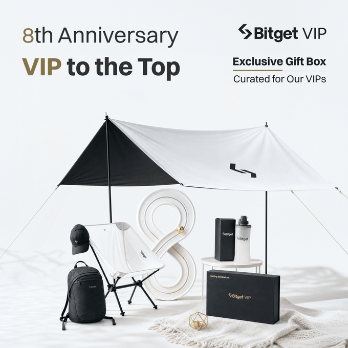 A promotional graphic for 'Bitget VIP 8th Anniversary' featuring the text 'VIP to the Top' and 'Exclusive Gift Box Curated for Our VIPs' alongside camping gear including a tent, chair, and water bottles.