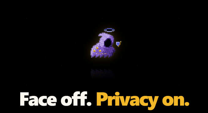 A dark advertisement with pixelated purple ghost-like figure and the tagline 'Face off. Privacy on.' in white and yellow lettering.
