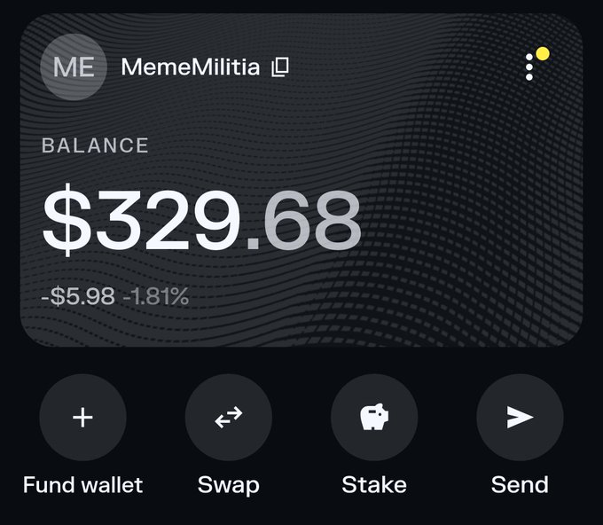A cryptocurrency wallet interface for 'MemeMilitia' showing a balance of $329.68 (-$5.98, -1.81%) with Fund wallet, Swap, Stake, and Send options.
