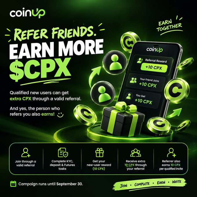 A green promotional graphic for CoinUp's 'Refer Friends, Earn More $CPX' referral campaign, running until September 30, offering 10 CPX for valid referrals.