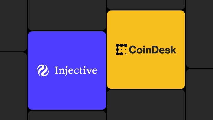 Two square logos are displayed: a purple one for 'Injective' and a yellow one for 'CoinDesk'.