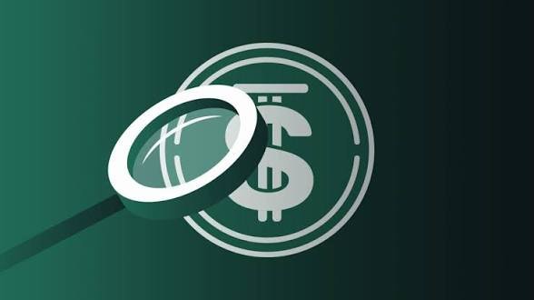 A minimalist graphic featuring a magnifying glass examining a USD coin symbol against a dark green background.
