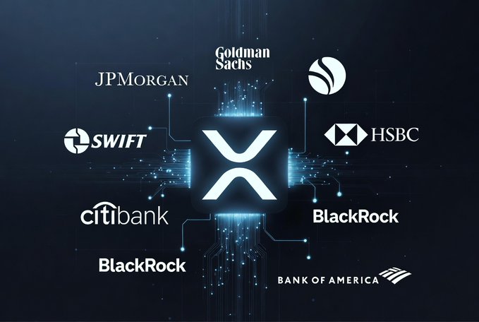 The image features a large XRP logo surrounded by various logos of different banks and financial institutions. The XRP logo is positioned at the center, while the other logos are scattered around it. The text in the image reads "XRP is no longer just an alternative to SWIFT." This statement emphasizes that XRP has become a neutral, high-performance public settlement layer for institutions looking to reduce their reliance on legacy systems and improve efficiency in financial transactions.