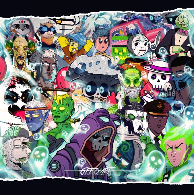 A vibrant, densely packed illustration collage signed by artist 'GEEZAR' featuring numerous original cartoon characters with diverse designs, including skeletons, zombies, and masked figures surrounded by glowing ghost motifs.