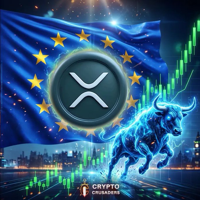 A glowing XRP logo with its "X" symbol sits at the center of a waving European Union flag, accompanied by a neon blue bull charging upward alongside rising green candlestick charts, visually reinforcing the bullish claim that XRP is being repriced as Ripple expands across Europe. The watermark reads "Crypto Crusaders" at the bottom.