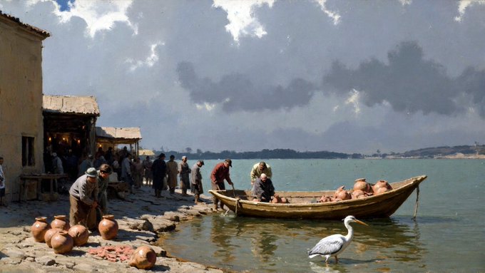 A classical painting depicting a coastal scene with villagers, a boat loaded with clay pots, and a heron standing at the water's edge under a cloudy sky.