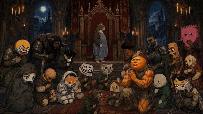 A dark, gothic throne room scene features a crowned cat queen presiding over a diverse court of meme characters, including an anime girl crying, Pepe the Frog, the Trollface, Annoyed Orange praying, a doge in a spacesuit, and a muscular orange figure, with one hooded character wearing a shirt that reads "PLAN 15." The chaotic gathering of meme personalities visually reflects the chaotic, community-driven nature of the Pump.fun memecoin promotion in the post, where the user "ronpull" is soliciting followers to receive an airdrop.