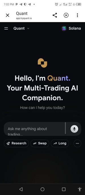 A mobile app screenshot of 'Quant', described as 'Your Multi-Trading AI Companion' on the Solana network, with a prompt reading 'Hello, I'm Quant. How can I help you today?' and options for Research, Swap and Long.
